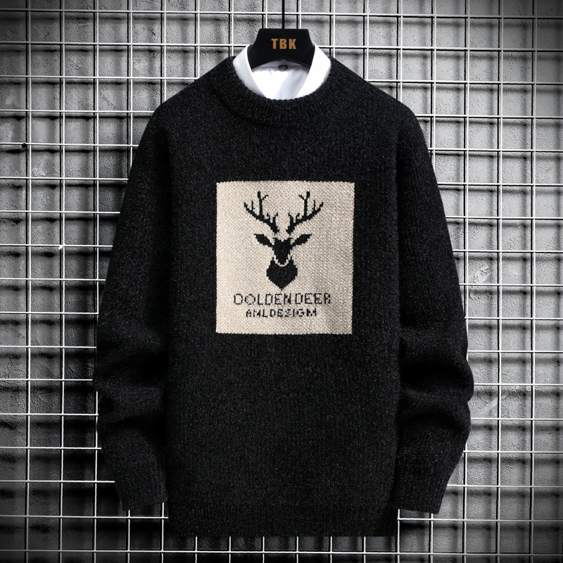 

Men s Sweaters Autumn Vintage Oversized Mens Knitted Men Deer Print Pullover Hip Hop Harajuku White Padded Velvet 230217, Black