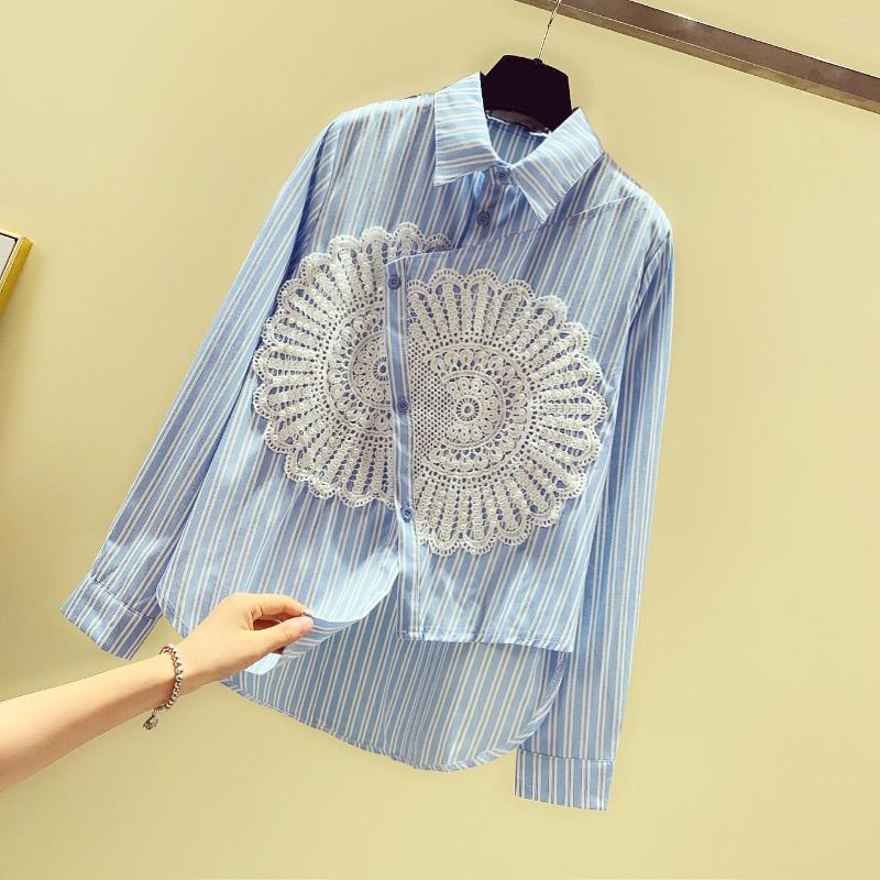 

Women' Blouses 2023 Summer Lace Patchwork Irregular Women Shirts Striped Blue Loose Office Lady Elegant Outwear Coat Tops, Picture shown