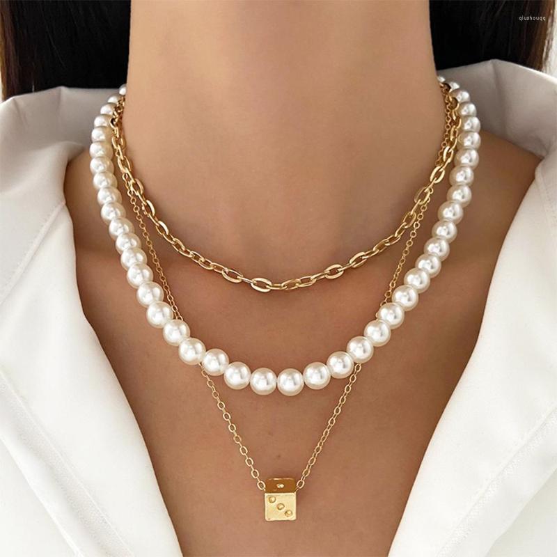 

Chains Fashion Imitation Pearl Women Men Necklace Handmade Classic Dice Pendant Layers Jewelry Gift