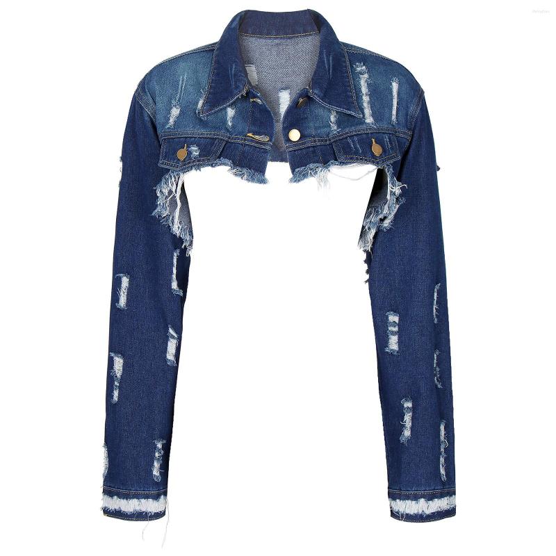 

Women' Jackets 2023 Autumn Women Y2K Solid Cropped Denim Jacket Vintage Sexy Kpop Streetwear Jeans Coat Female Long Sleeve Frayed Shrug, Dark blue