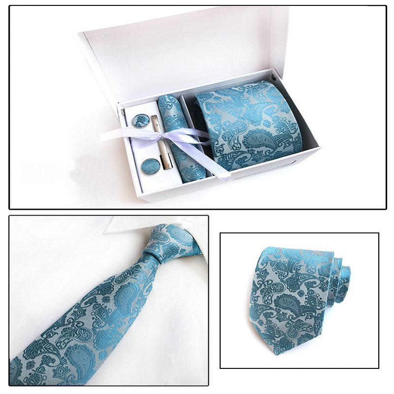 

Bolo Ties 6PCS Men Silk Jacquard Paisley Floral Neck Tie Clips Groom Bar Pin Pocket Square Handkerchief Necktie Hanky Cufflinks 230217