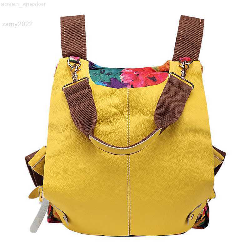 

Women Multifunctional Genuine Leather Backpack Travel Casual Canvas Backpack Floral Rucksack Large School Bag For Teen Mochila, Black
