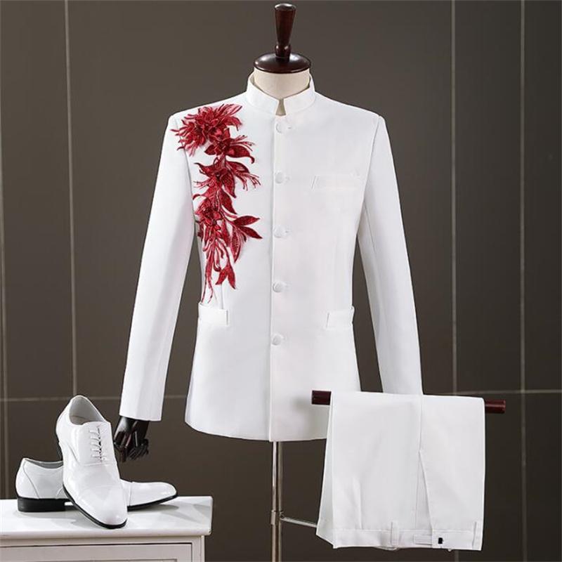 

Men' Suits & Blazers Chinese Tunic Suit Three-dimensional Flower Sequins Jackets Chorus Costume Embroidery Singer Host White Fash