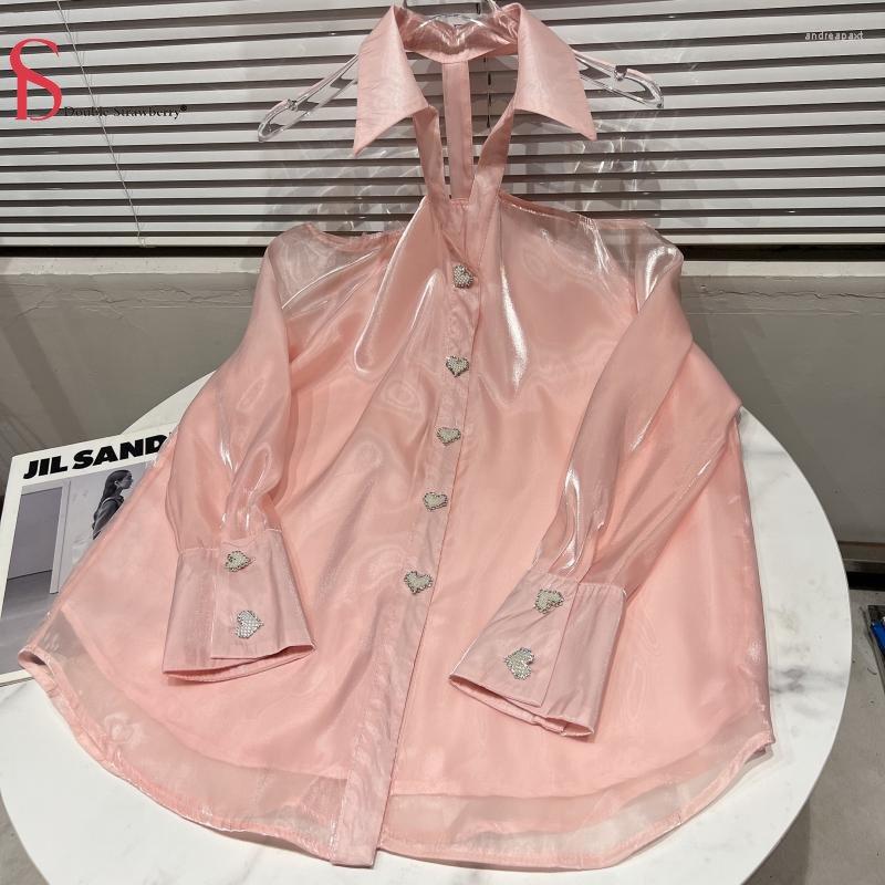 

Women' Blouses Sping And Autumn Women Love Rhinestone Buckle Strapless Buttons Design Glass Silk Shirt Tops, Pink