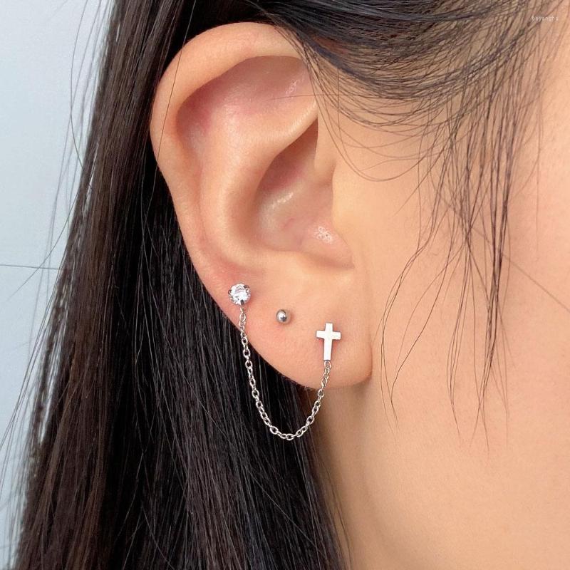 

Stud Earrings 1Pc Double Holes Earring With Chain Ear Piercing Crystal CZ Cross For Women Lady Female Cool Cartilage Brincos