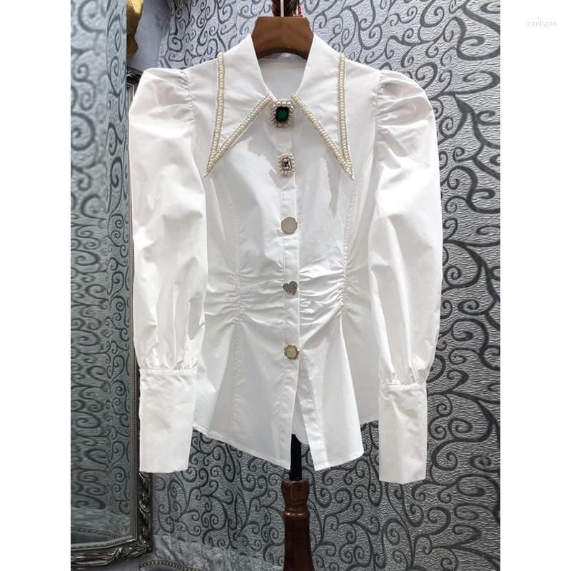 

Women' Blouses Beaded Button Women White Shirts Summer Design 2023 Turn-Down Collar Puff Sleeved Elegant Office Lady Outwear Coats Tops