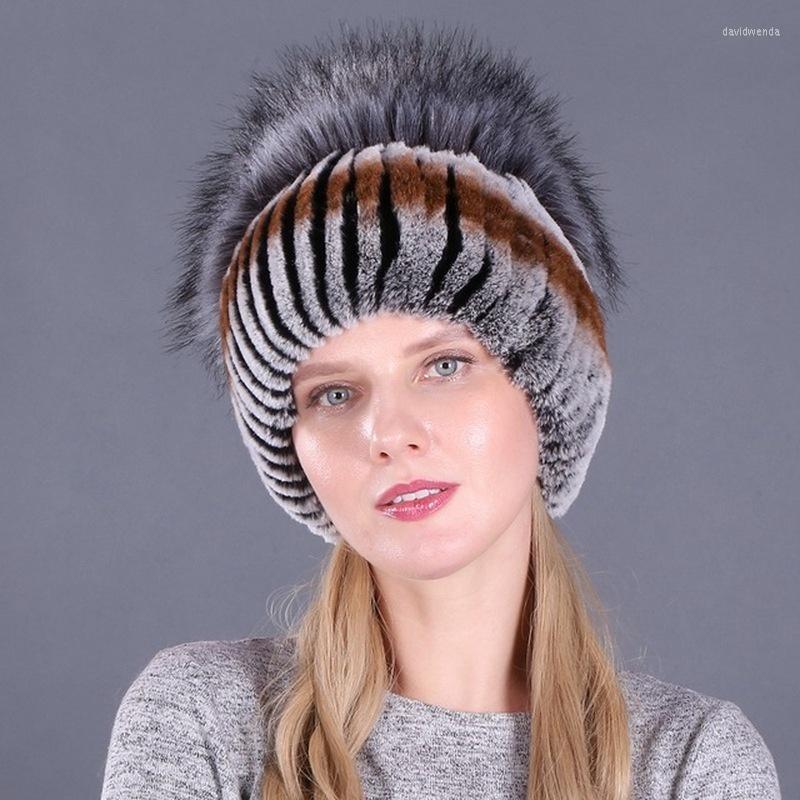 

Beanies Beanie/Skull Caps 2023 Women's Rex Fur Hats Winter Striped Head Top Flower Faux Warm Knit Davi22