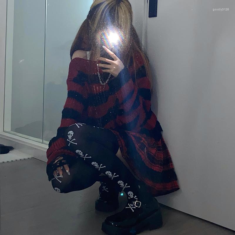 

Work Dresses Y2k Girl Sexy Sets Black Red Gothic Women Loose Striped Short Sweater With Elastic Waist Mini Skirts Korean Japanese Mujer Wear, Skull sock