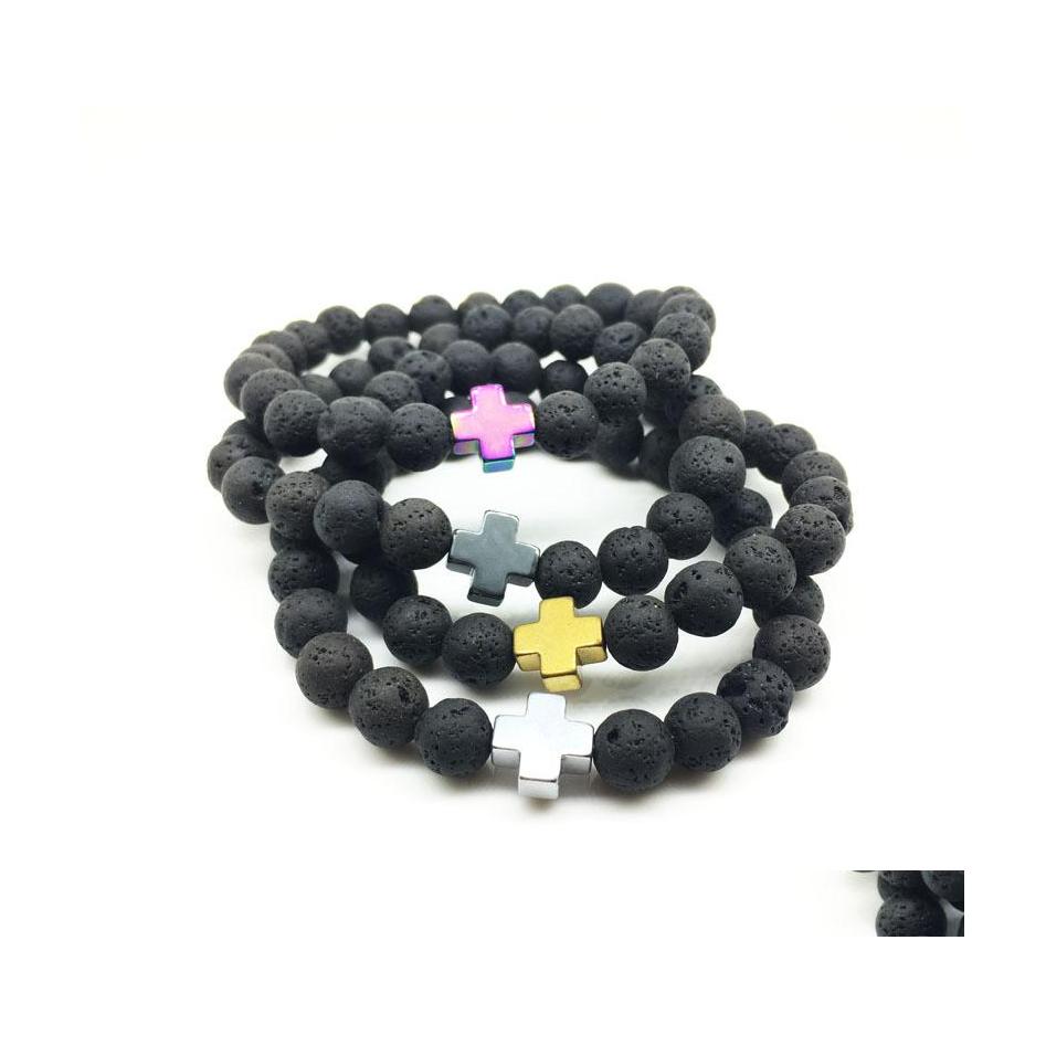 

Charm Bracelets Fashion Natural Black Lava Stone Cross Bracelet Aromatherapy Essential Oil Diffuser For Women Men Drop Delivery Jewel Dhlkj