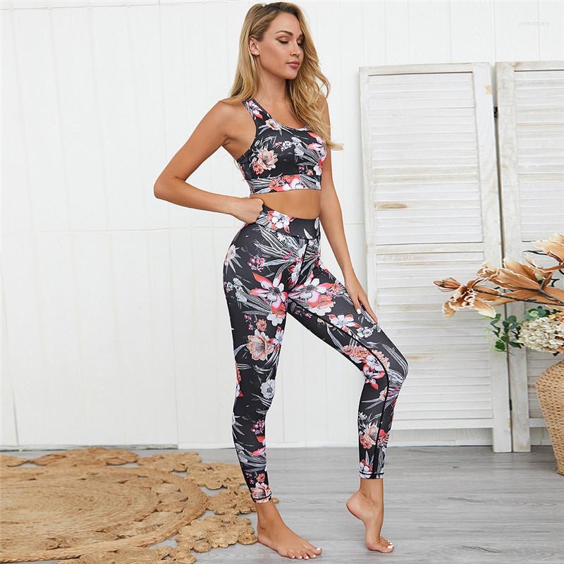 

Active Sets 2023 Seamless Yoga Set Women Fitness Clothing Sportswear Gym Leggings Floral Push-up Strappy Sports Bra 2 Pcs Print Suit