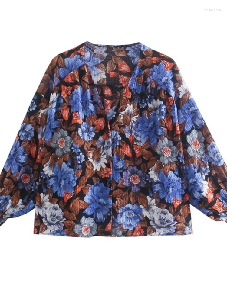 

Women's Blouses Spring Women Vintage Chiffon Floral Print Shirts Female Fashion Elegant Long Sleeve V Neck Ruffles Loose, As shown