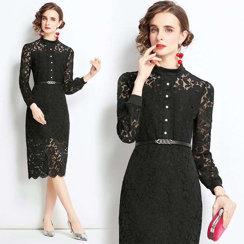 

Casual Dresses Fall Hollow Out Lace Spliced Single-breasted Belt Women Ladies Party Fashion Demure Elegant Temperament Tunic Package Hip Dre, Az6773