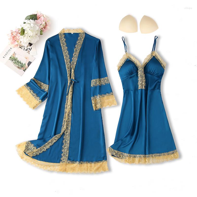 

Women's Sleepwear 2PCS Robe Set Sexy Satin Lace For Women Kimono Bathrobe Gown 2023 Nightgown V-Neck Intimate Lingerie Nightwear, Style 2 navy blue