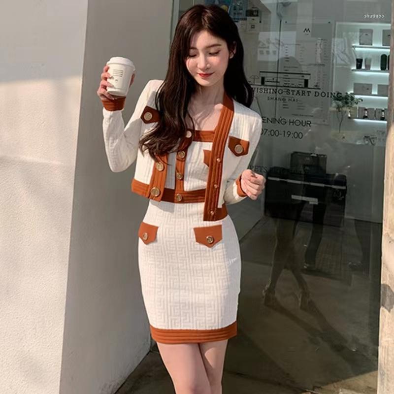 

Work Dresses Autumn Winter Two Piece Set Women Knitted Elegant Single Breasted Short Cardigan Coat Sling Mini Dress Suit Korean Fashion, Black