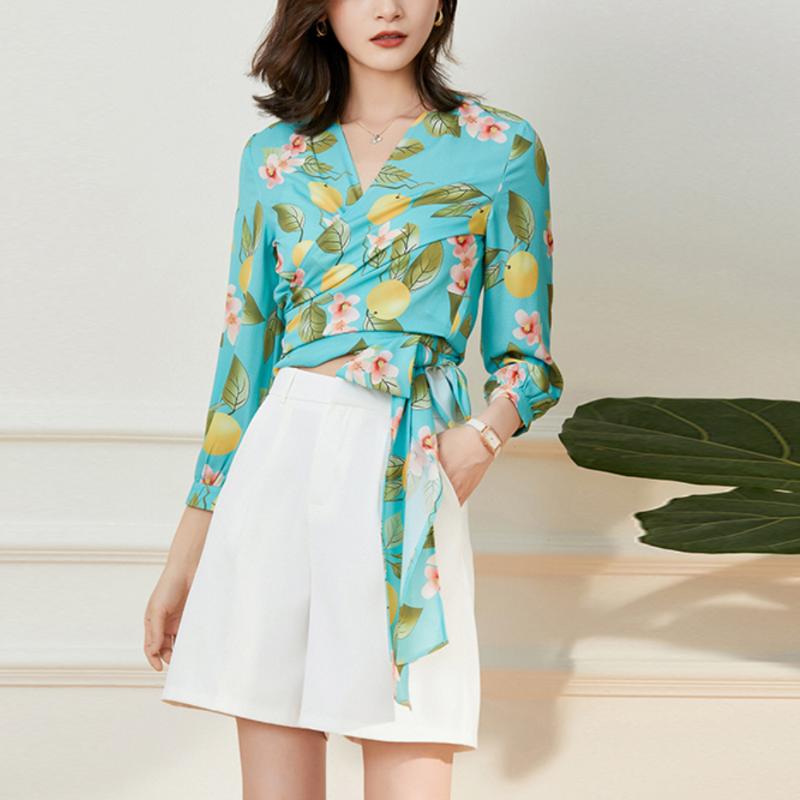 

Women' Blouses & Shirts Summer Printed Blouse Bow Top Fashion Casual Korean Style Women Sexy V Neck TopsWomen, Photo color