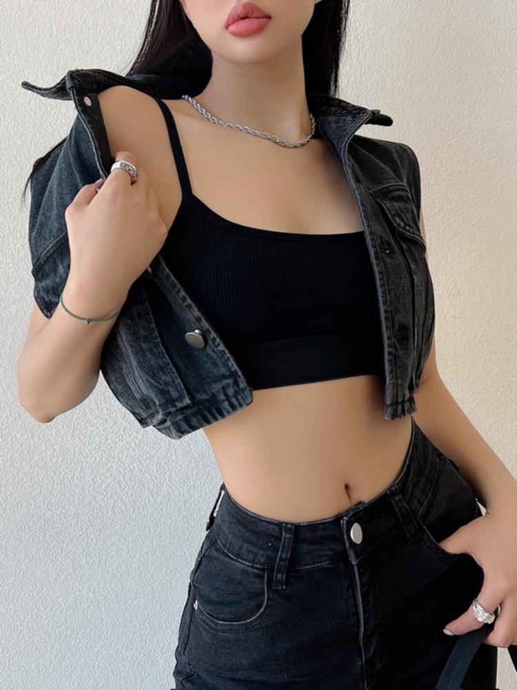 

Women' Vests Retro High Street Single Breasted Cropped Denim VestOuterwear Sexy Babes Lapel Sleeveless Clothing 0LBRWomen, Dark gray