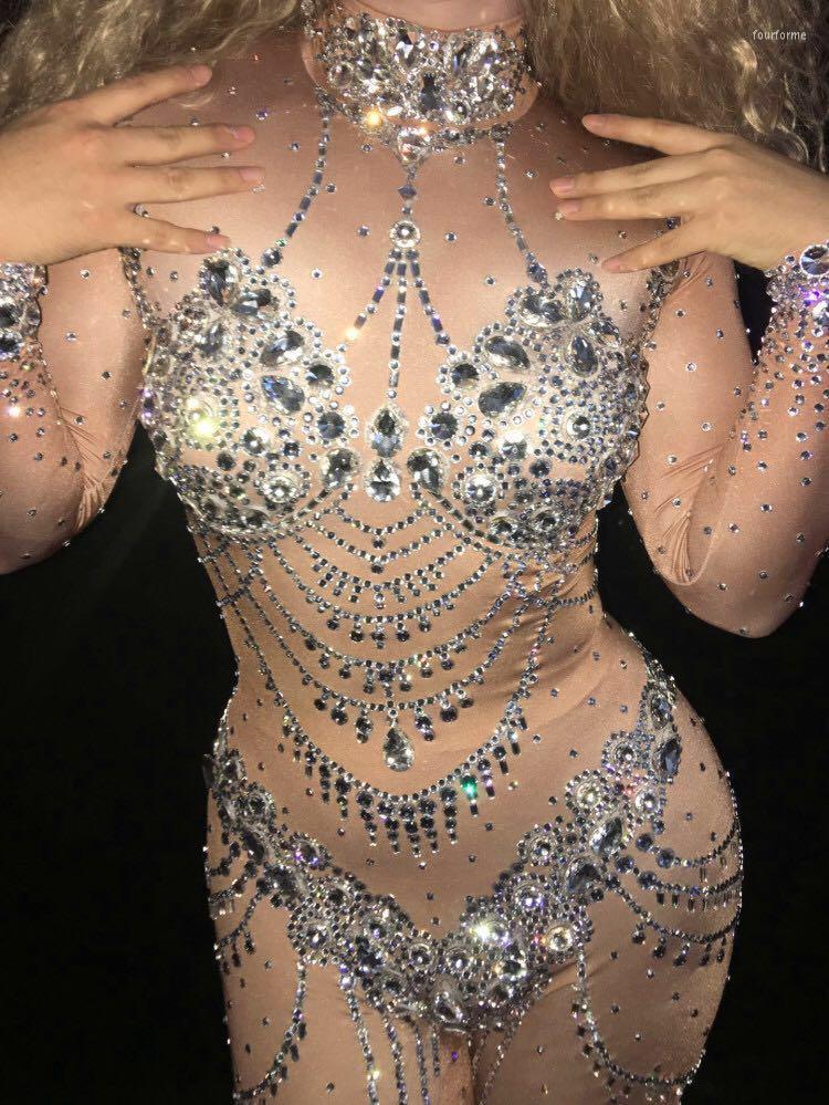

Stage Wear Sparkly Crystals Nude Jumpsuit Stretch Stones Outfit Celebrate Bright Rhinestones Bodysuit Costume Female Singer Birthday Dress, Black