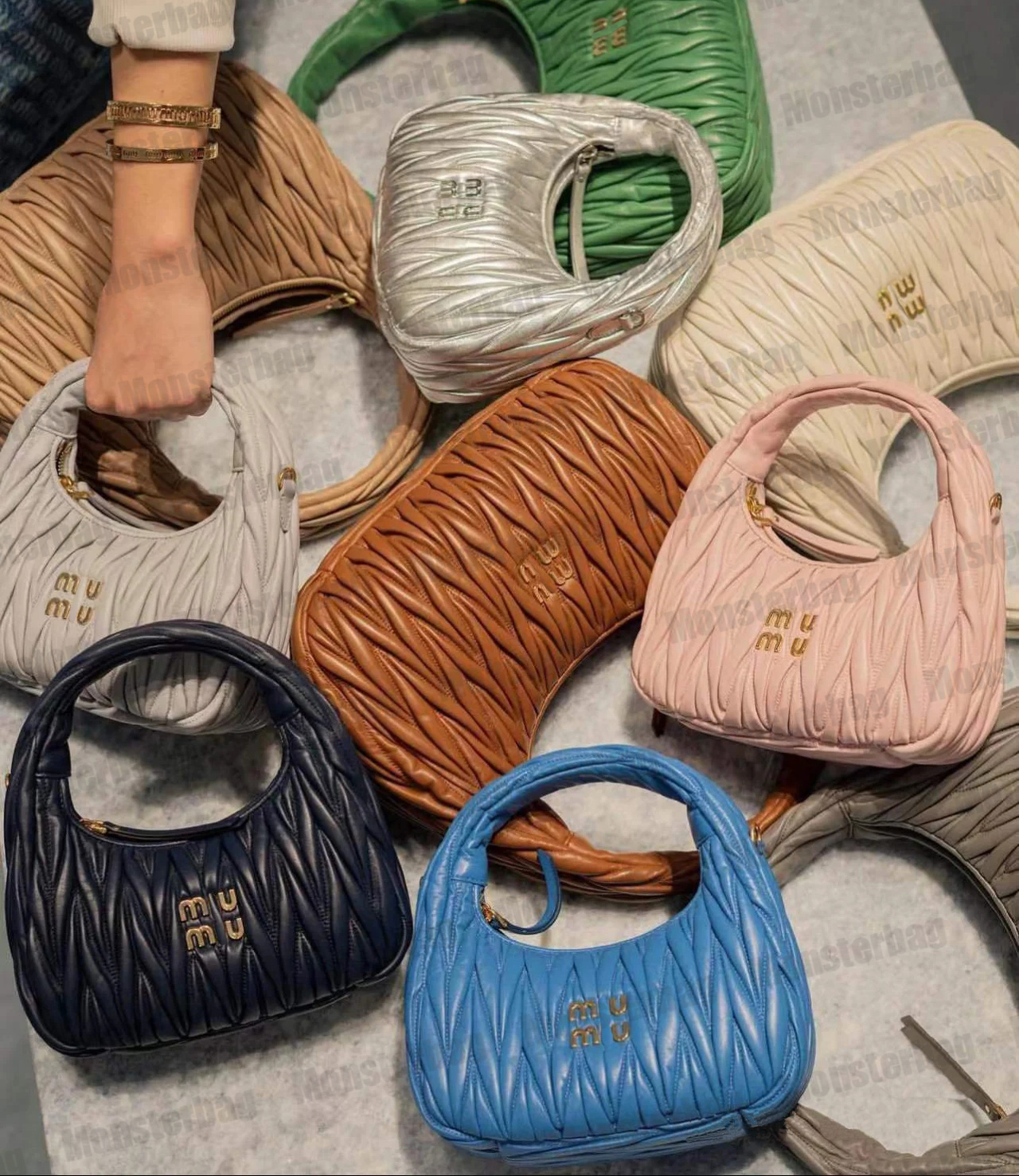 

Miu Wander Matelasse Nappa Leather Hobo Bag Moon Bags Mini Shoulder Luxury Lady Women Handbag Soft Pleated Small Baby Pink Party Tote Travel, Color 6