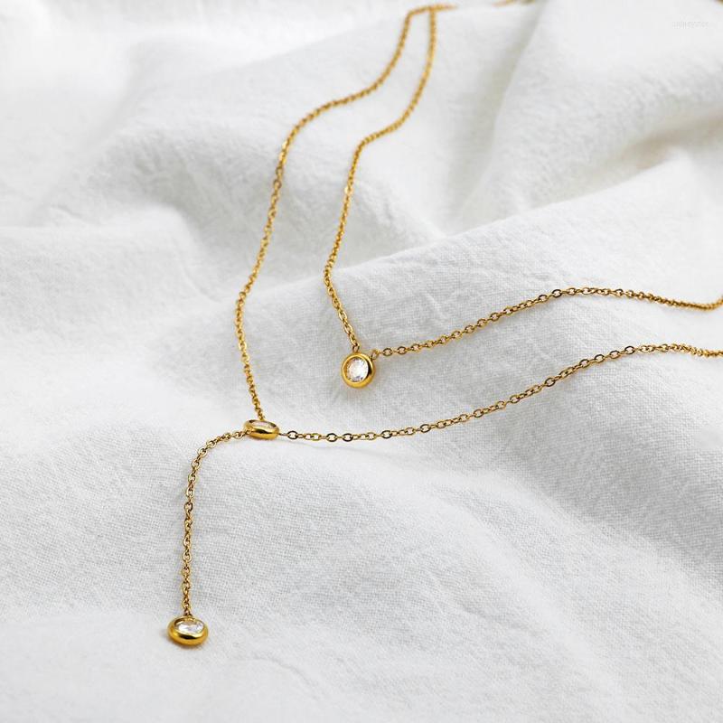 

Choker Charm Layered Round Crystal Zircon Pendant Necklaces For Women Stainless Steel Thin Chain Necklace Chokers Bride Wedding Jewelry