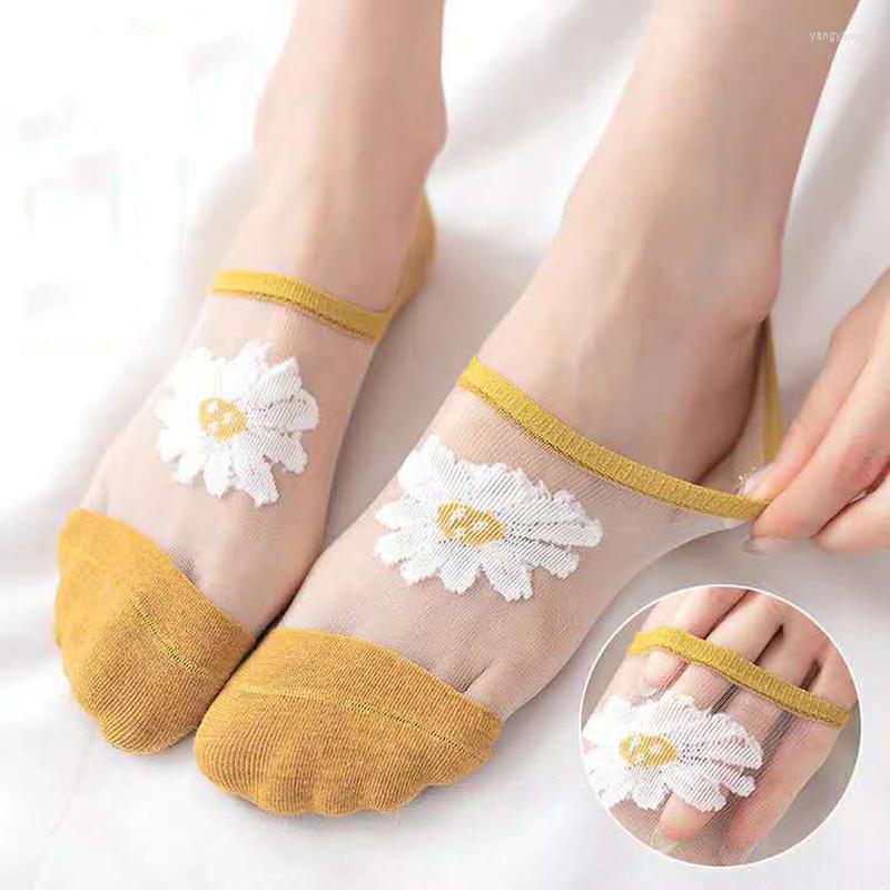 

Women Socks Dasiy Summer Fashion Thin Funny Breathable Transparent Cute Flower Creative Harajuku Casual, Black