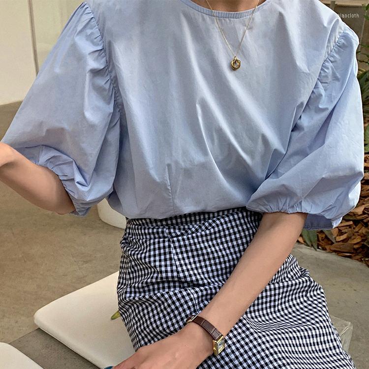 

Women' Blouses Womens Blouse Summer Tops Femme Spring Women Shirt White Short Sleeve Cotton Girls Blusas Solid Loose, Blue
