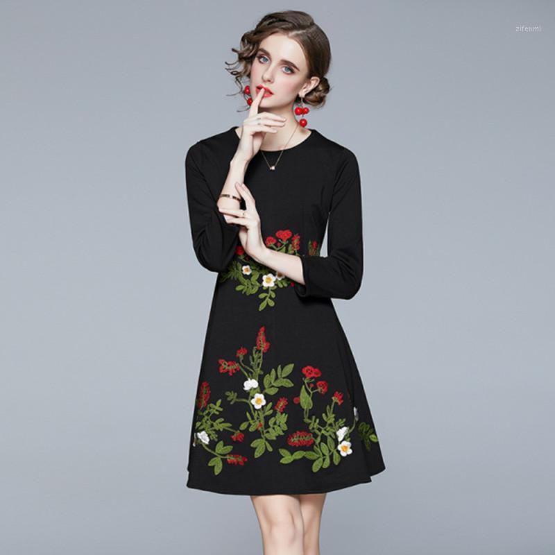 

Casual Dresses Women Vintage Embroidery Flowers Dress Spring Elegant Knee-Length Party Vestido 2023, Black
