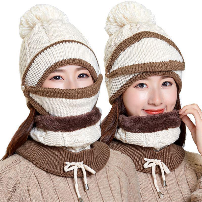 

Beanies Beanie/Skull Caps 3PCS Womens Winter Scarf Set Outdoor Ladies Warm Mask Knitted Cap Thickend Hat Face Cover Comfortable