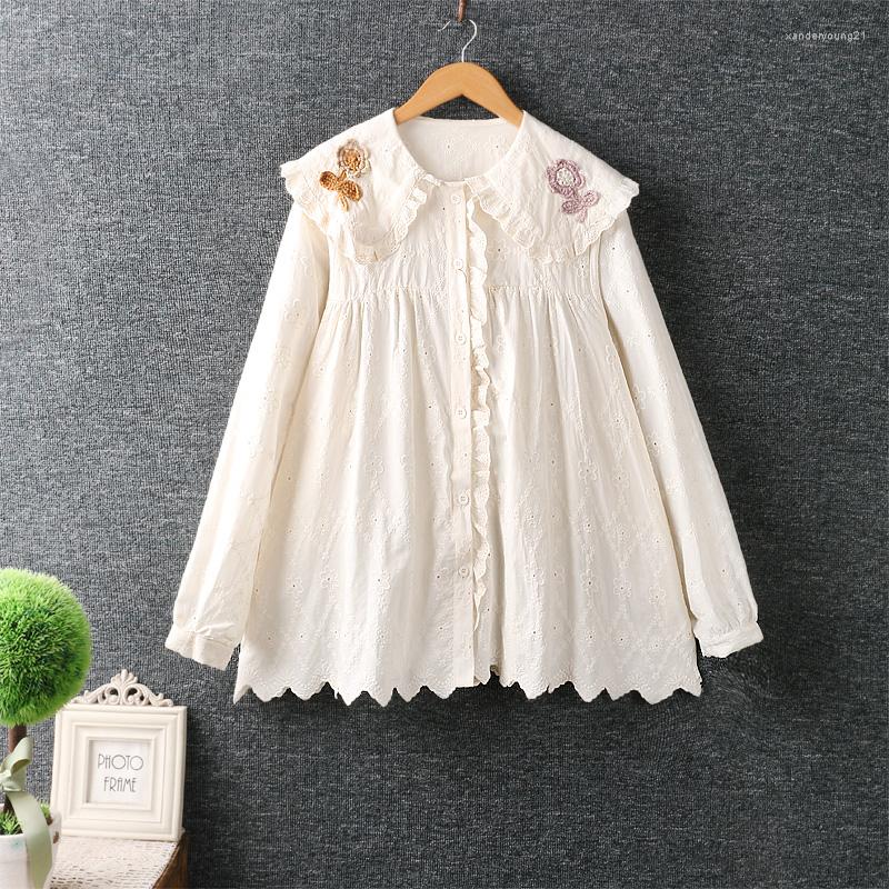 

Women's Blouses Autumn Sweet Embroidered Shirt Women Long Sleeve Single Breasted Tops Female ML0918, Beige