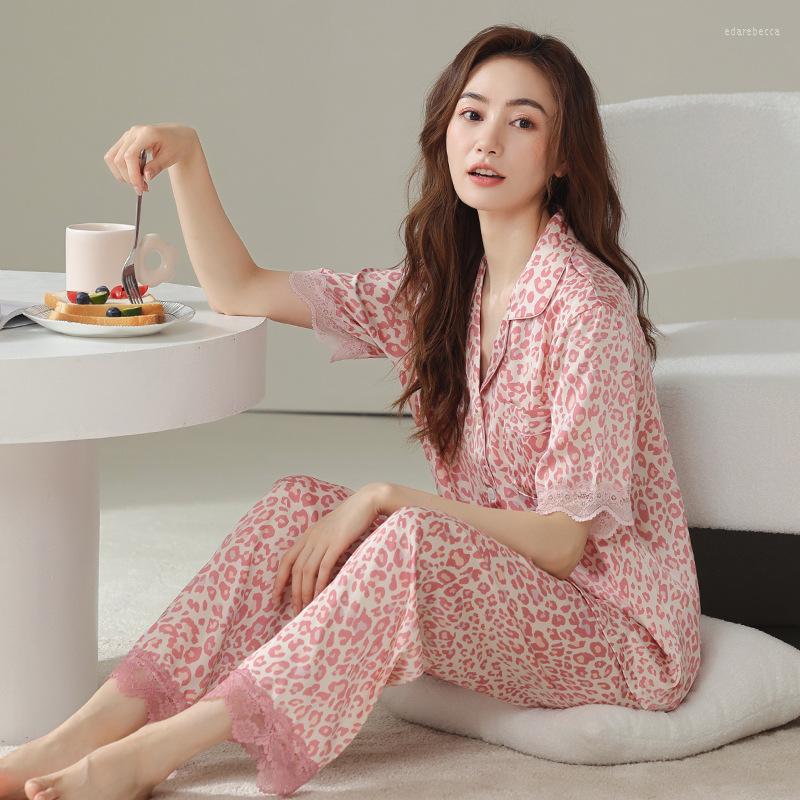

Women's Sleepwear Pink 2PCS Women Leopard Pajamas Sets Summer Sexy Turn-Down Satin Pyjamas Suit Lounge -XXL Nightwear Home Clothes