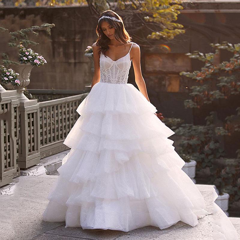 

Wedding Dress Other Dresses Luxury A-Line Sleeveless Backless Three-dimensional Applique Gowns Spaghetti Strap Delicate Layered Shiny, White