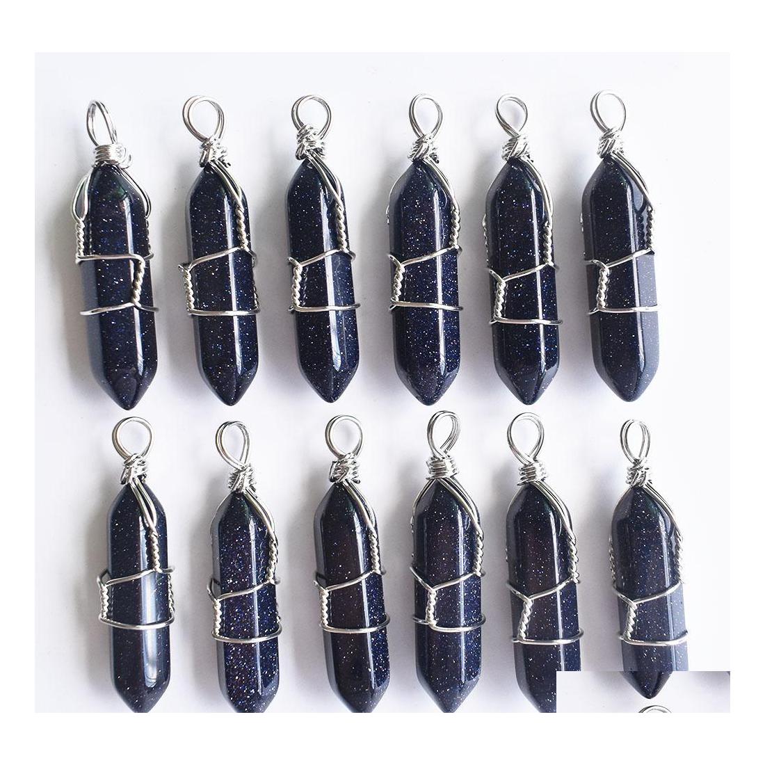 

Charms Sier Wire Natural Stone Blue Sand Hexagonal Healing Reiki Point Pendants For Jewelry Making Carshop2006 Drop Delivery Finding Dhj4B
