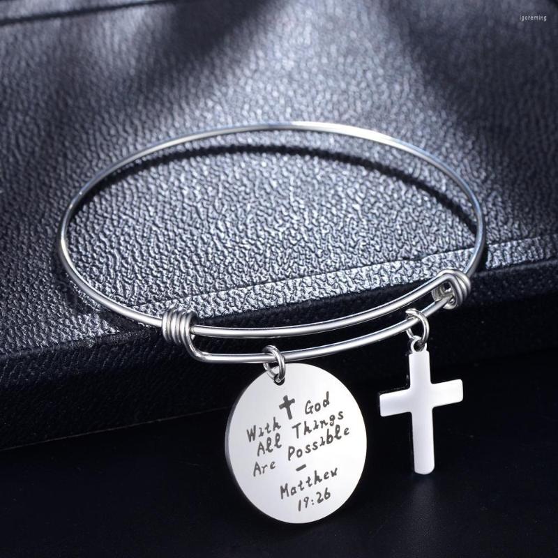 

Bangle PolishedPlus Customized With God Bracelet Cross Stainless Steel Adjustable Religious Faith Personalized Gift