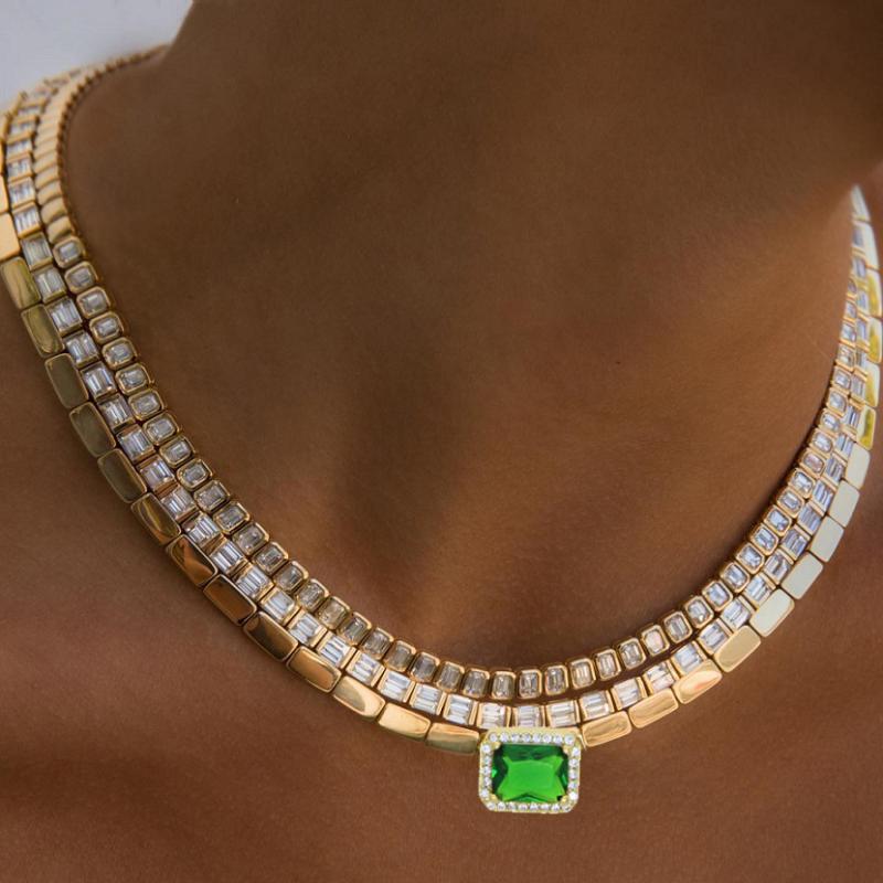 

Chains Simple Geometric European Women Fashion Trendy Jewelry High Polished Rectangle Beads Single Big Colorful CZ Choker NecklaceChains