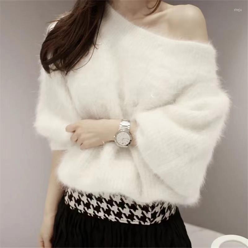 

Women's Sweaters Korean Chic Women Off Shoulder Mohair Knitted Sweater Tops Autumn Winter White Mink Cashmere Soft Slash Neck Loose, Pink