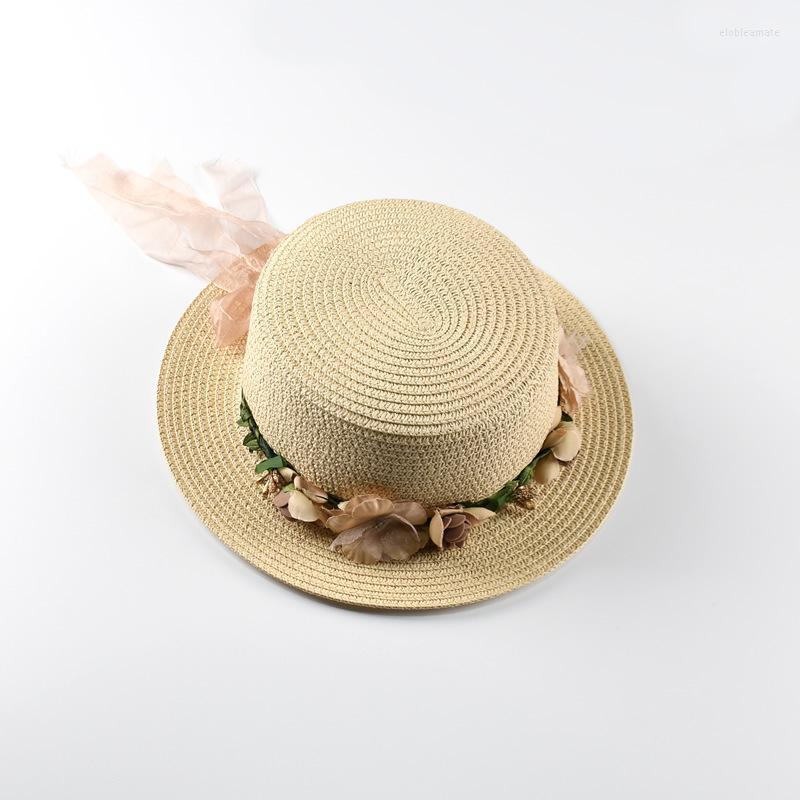 

Wide Brim Hats Sun Hat Women Beach Caps Panama Bucket Cap Beige Lace Bowknot Flowers Ribbon Flat Top Straw Elob22, Color5