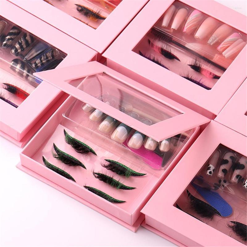 

False Eyelashes 3 Pairs Lashes 24 Pieces Wearable Fake Nail Set Reusable Glitter Eyeliner 8D Fluffy Faux Mink Lashe