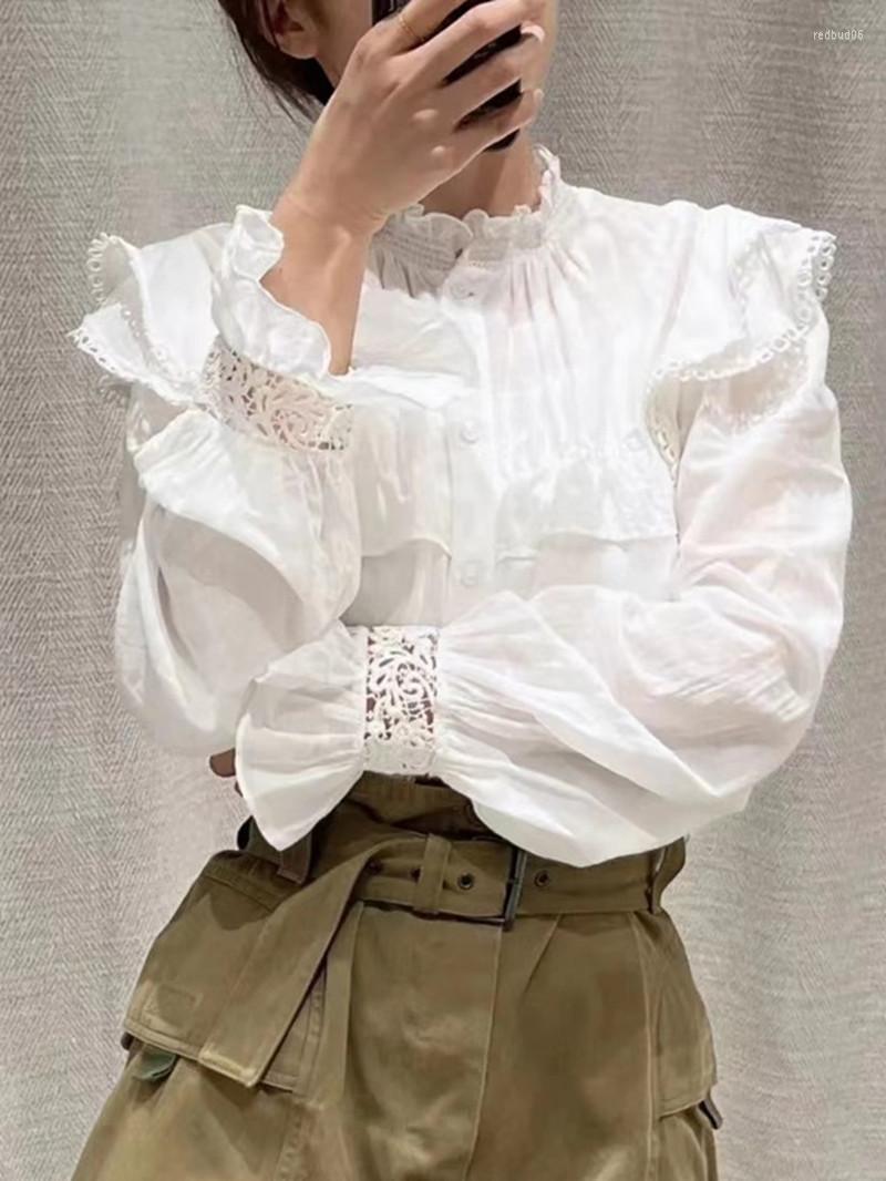 

Women' Blouses Women Stand Collar Lace Trim Single Breasted Blouse Early Autumn Lady Long Flying Sleeve Ruffles Embroidery Shirt Top