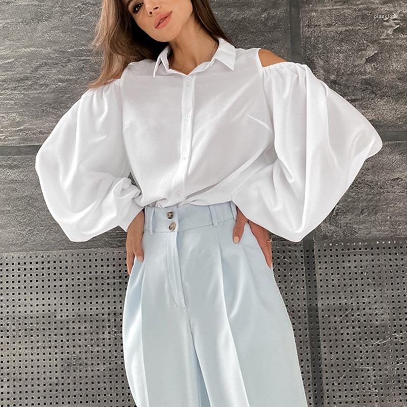 

Women' Blouses Elegant Lapel Off Shoulder Shirts Spring Casual Solid Color Lantern Sleeve Tops Fashion Single-breasted Office Blusa, 01 rose red