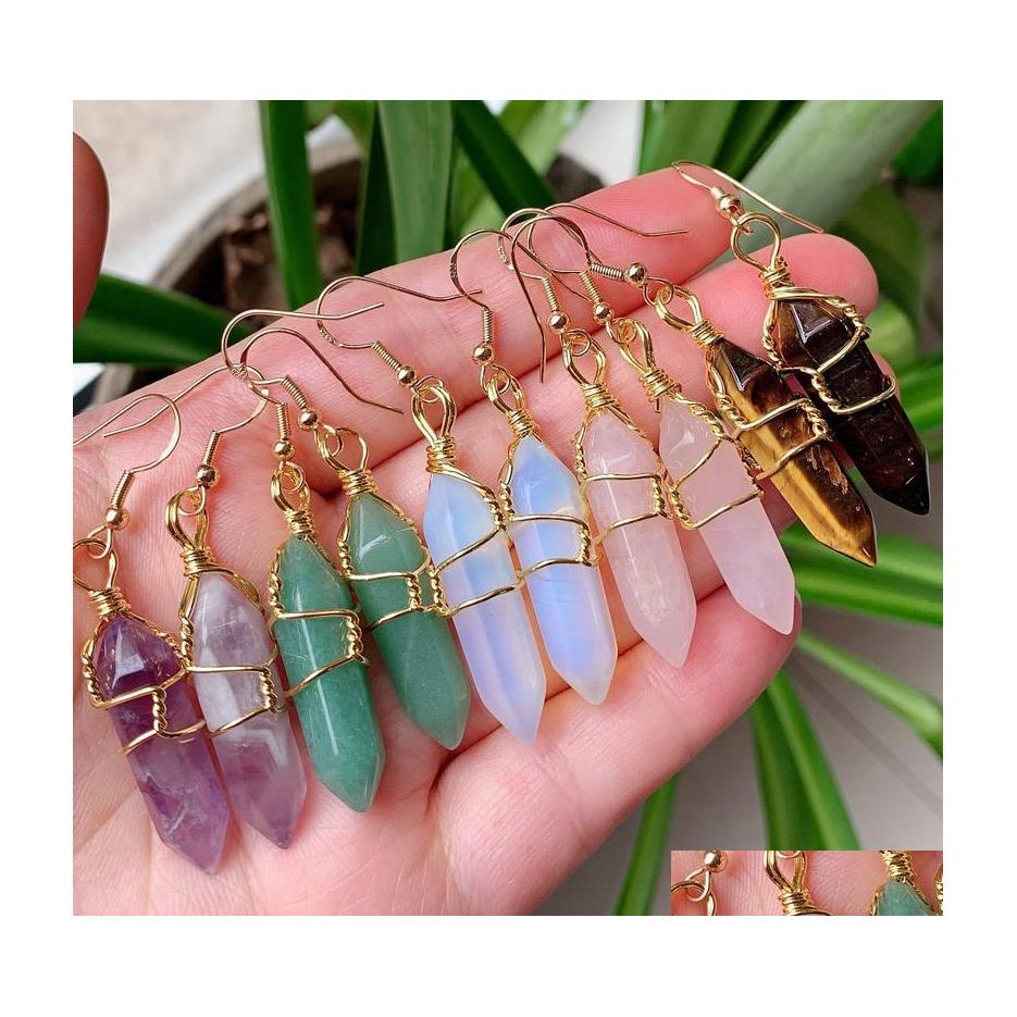 

Dangle Chandelier Natural Stone Dangles Earrings Wire Wrap Hexagonal Point Drop Pendum Amethysts Quartz Purple Healing Crystal Ear Dhzi3