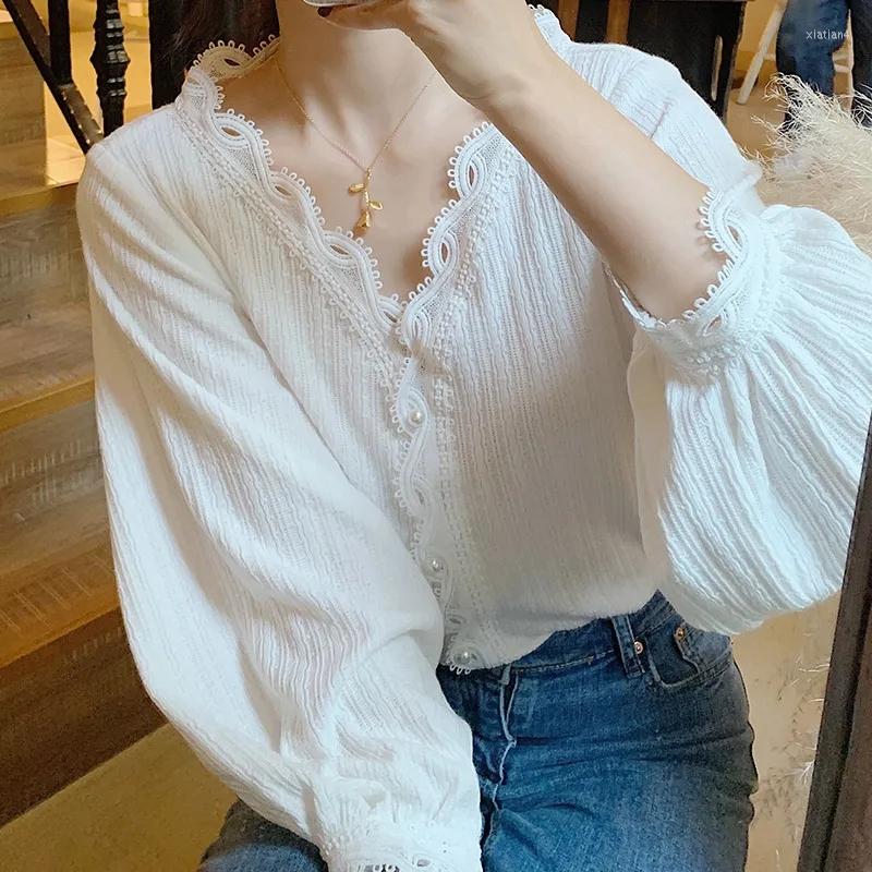 

Women' Blouses Vetement Femme Lace Ruffle Patchwork Women Loose Blouse Korean Casual Shirt 2023 Spring Elegant V-neck Blusa Mujer Camisas, Black