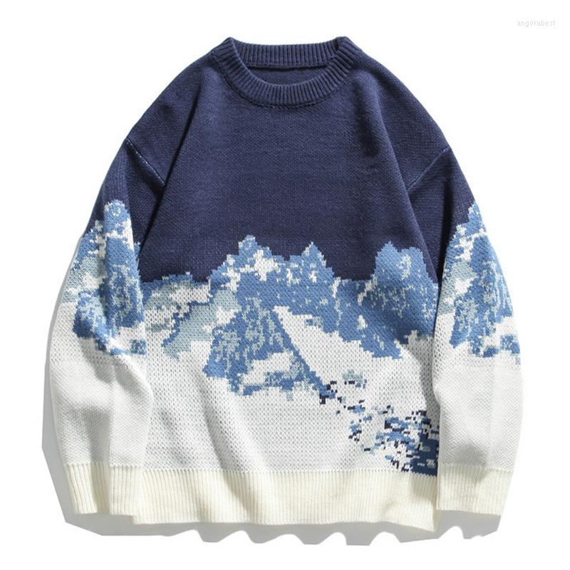 

Men's Sweaters Oversize Sweater Men Streetwear Mountain Tree Pattern Hip Hop Pullover Spandex Couple Casual Men's Autumn Spring, Navy
