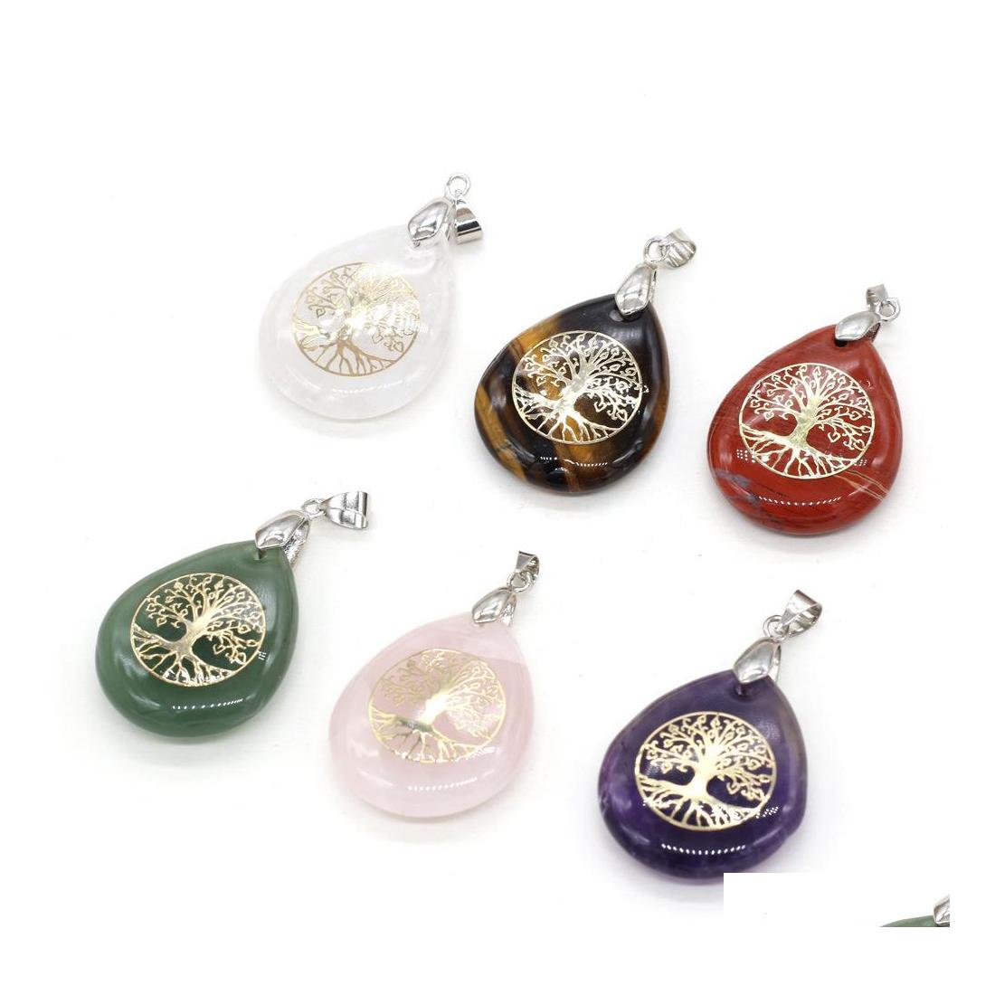 

Charms Natural Stone 25X32Mm Water Drop Rose Quartz Tigers Eye Opal Tree Of Life Pendant Diy Reiki Healing Earrings Necklace Jewelry Dhegs