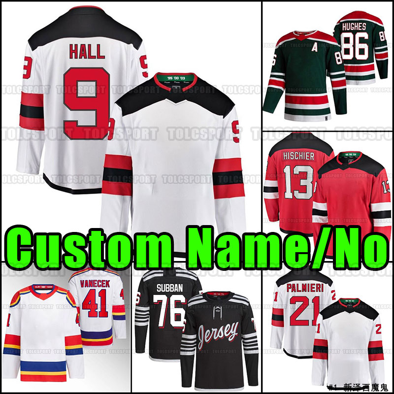 

13 Nico Hischier hockey Jerseys Jack Hughes Dougie Hamilton Martin Brodeur Yegor Sharangovich Jesper Bratt White Reverse Retro Green Red Black Stitched, As shown