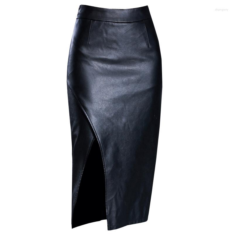 

Skirts Women PU Leather Pencil Black Autumn Winter Sheath Package Hip High Waist Sexy Split Bodycon Skirt Saia