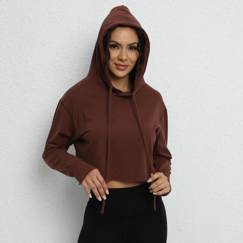 

Active Shirts Gym Top Women Long Sleeve Workout 2023 Lycra Yoga Hooded Sports Shirt Wear Cropped Hoodie Poleras Mujer, Brown