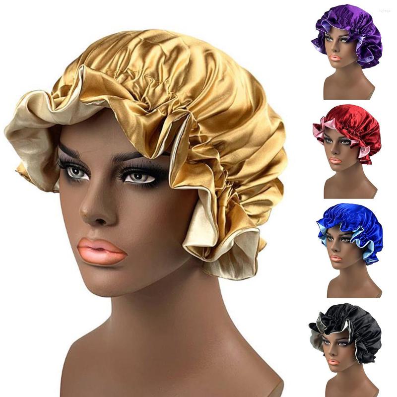 

Berets Women Satin Night Sleep Cap Solid Hair Bonnet Hat Silk Head Cover Elastic Band, Black