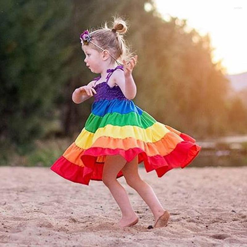 

Girl Dresses Toddler Kids Baby Girls Rainbow Striped Patchwork Princess Party Dress Sundress For Black, Red