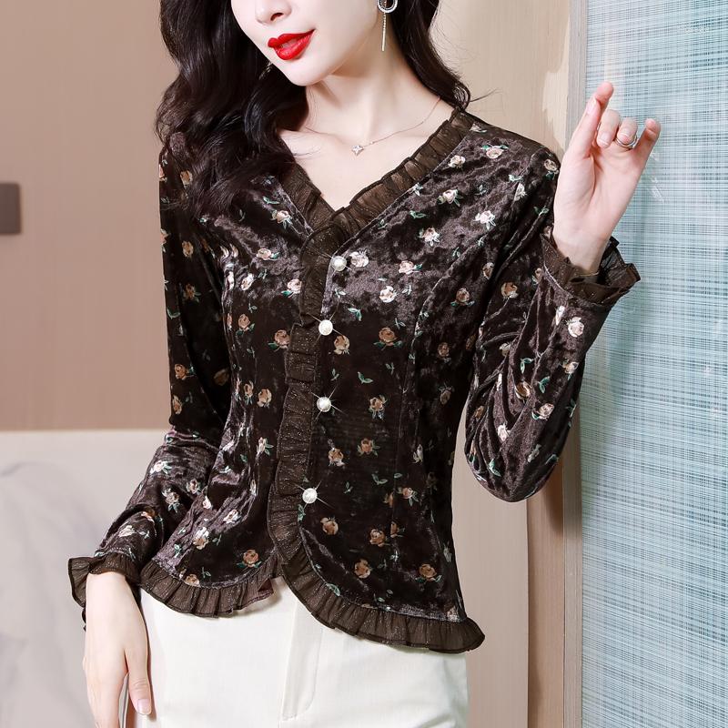 

Women's Blouses Fashion Women Blouse Vintage Velvet Print Spring Autumn 2023 Long Sleeve Shirt Top Office Lady Formal Shirts, Black