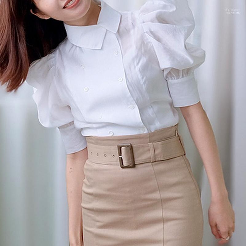 

Women's Blouses & Shirts Spring Summer Fresh Elegant Women Blouse Double Breasted Puff Sleeve Turn-Down Collar Japanese All-match OL Blusas, White