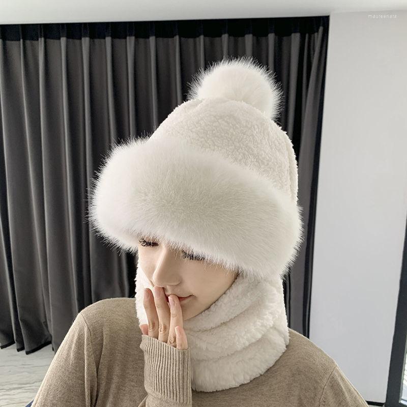 

Berets Winter Beanie Scarf Set Hooded For Women Fur Cashmere Neck Warm Russia Outdoor Ski Windproof Hat Thick Plush Fluffy Beanies, Grey